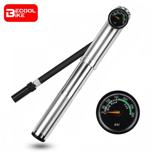 Road Bike Pump 300 PSI Cycling Mini Pump Tire Inflator With Air Hose Pressure Gauge Aluminum Alloy MTB Fork Pump BC-PP1009